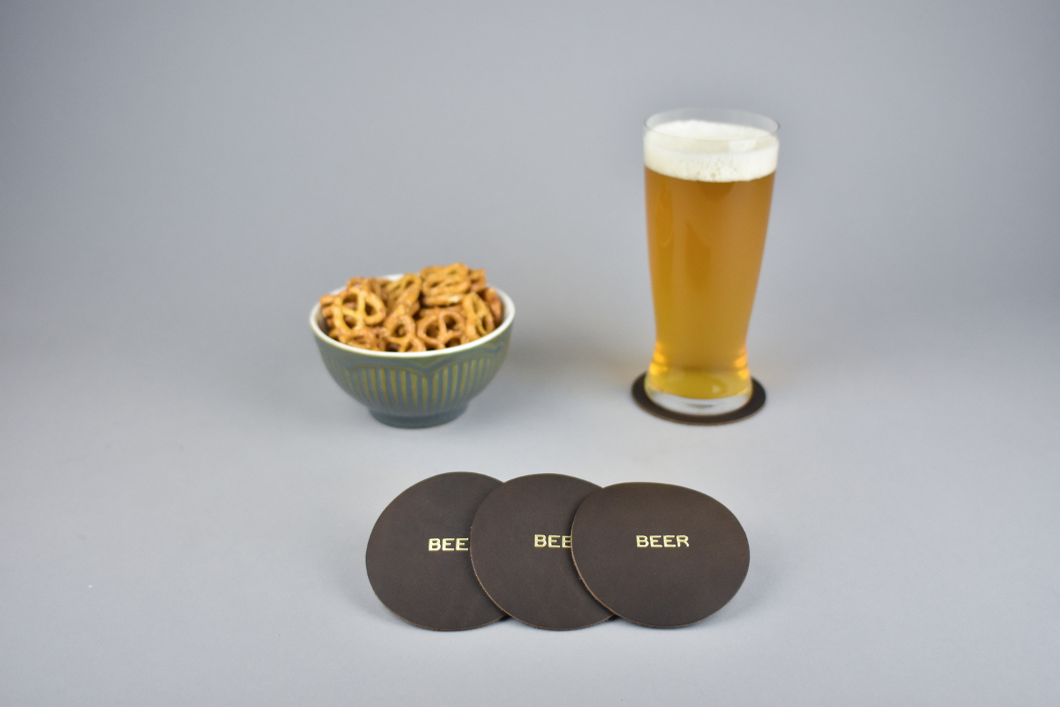 Set of 4 Gold Foil Stamped Leather Beer Coasters Handmade in Canada by Fitzy