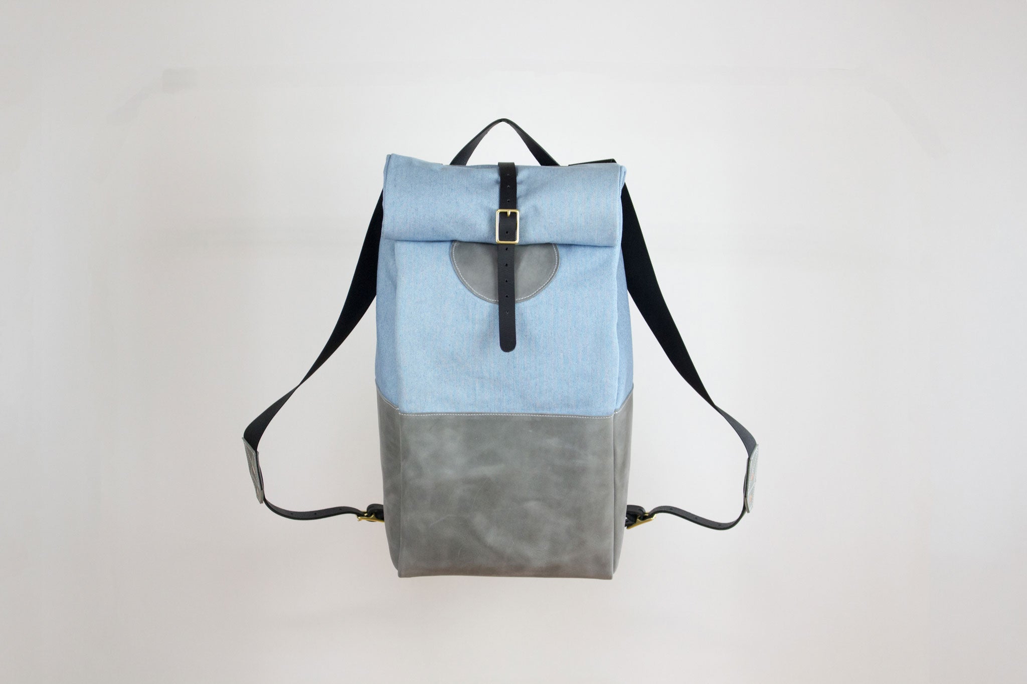 Grey Leather Light Denim Backpack